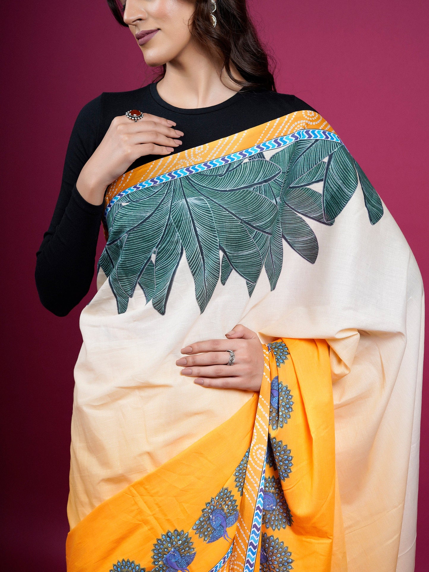 Buta Buti Botanical Printed Cotton Saree With Tassels Embellishment