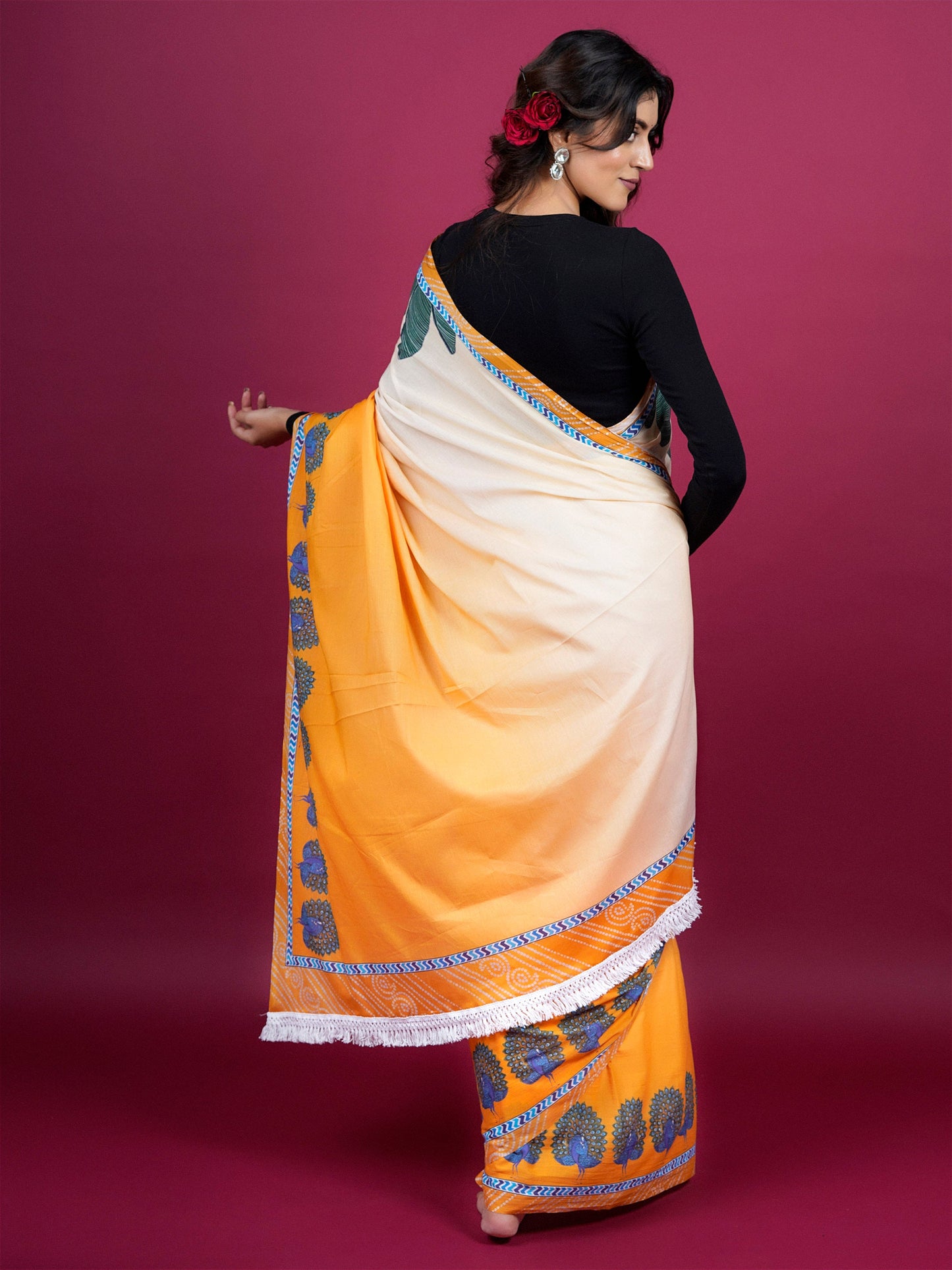 Buta Buti Botanical Printed Cotton Saree With Tassels Embellishment