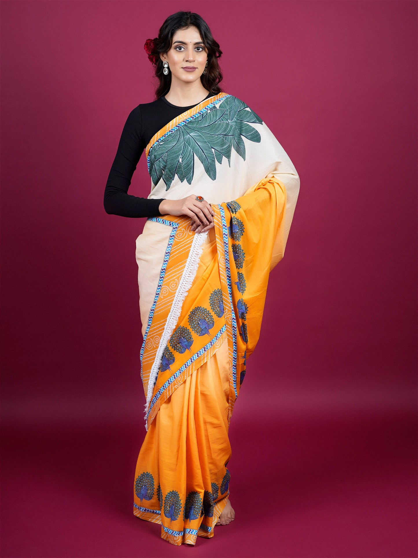 Buta Buti Botanical Printed Cotton Saree With Tassels Embellishment