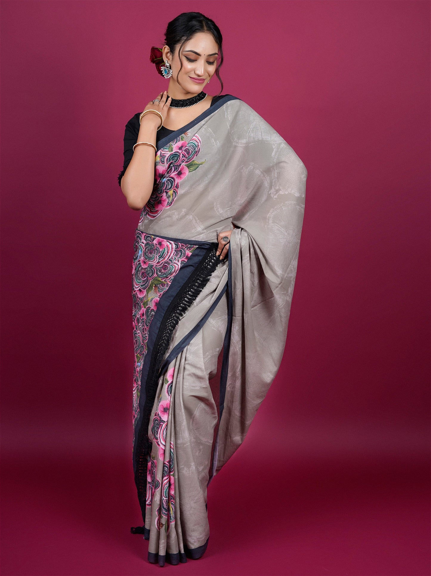 Buta Buti Floral Printed Cotton Saree With Tassels Embellishment