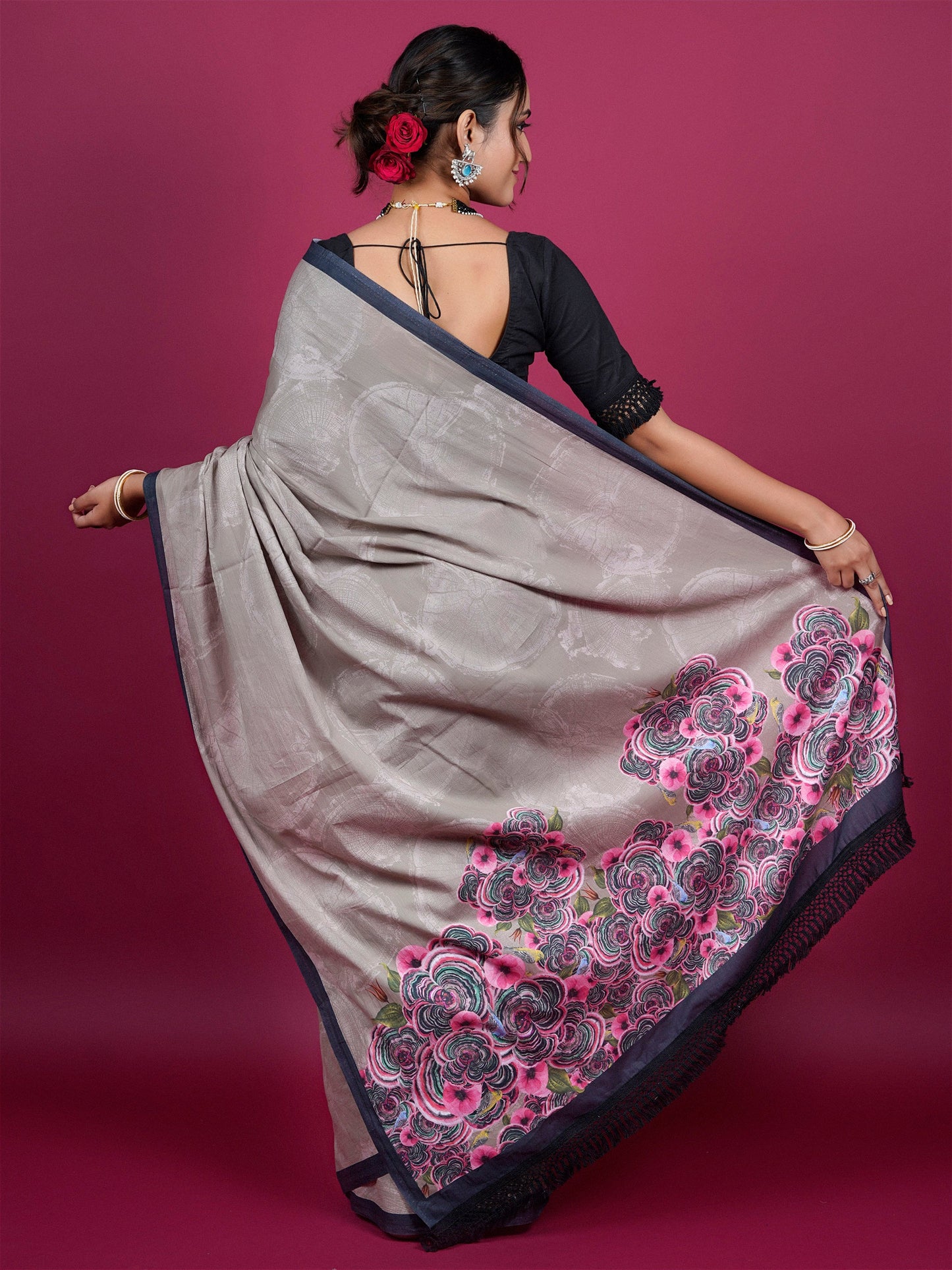 Buta Buti Floral Printed Cotton Saree With Tassels Embellishment