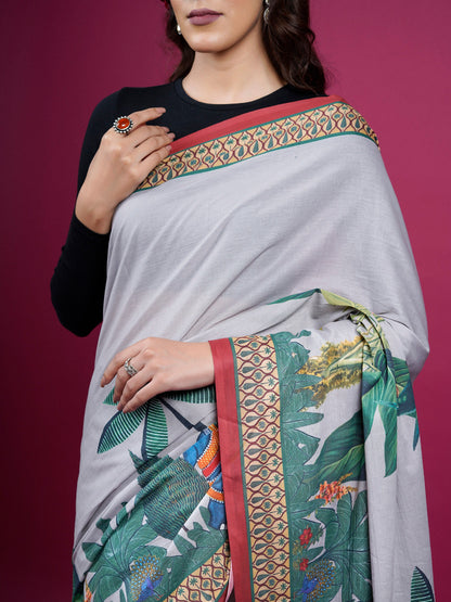 Buta Buti Botanical Printed Cotton Saree With Tassels Embellishment