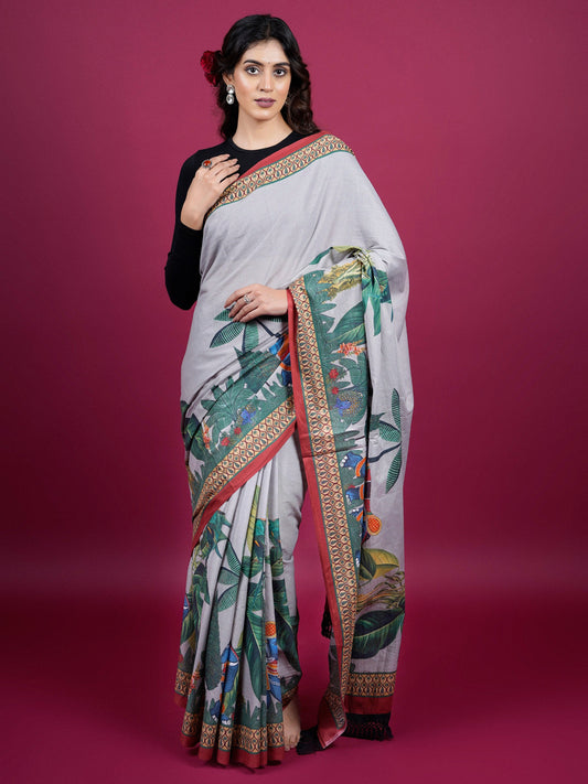 Buta Buti Botanical Printed Cotton Saree With Tassels Embellishment