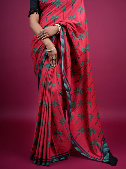 Buta Buti Botanical Floral Printed Cotton Saree With Tassels Embellishment