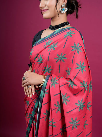 Buta Buti Botanical Floral Printed Cotton Saree With Tassels Embellishment