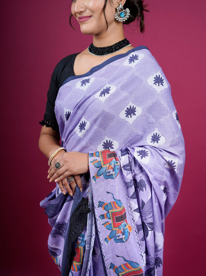 Buta Buti Botanical Printed Cotton Saree With Tassels Embellishment