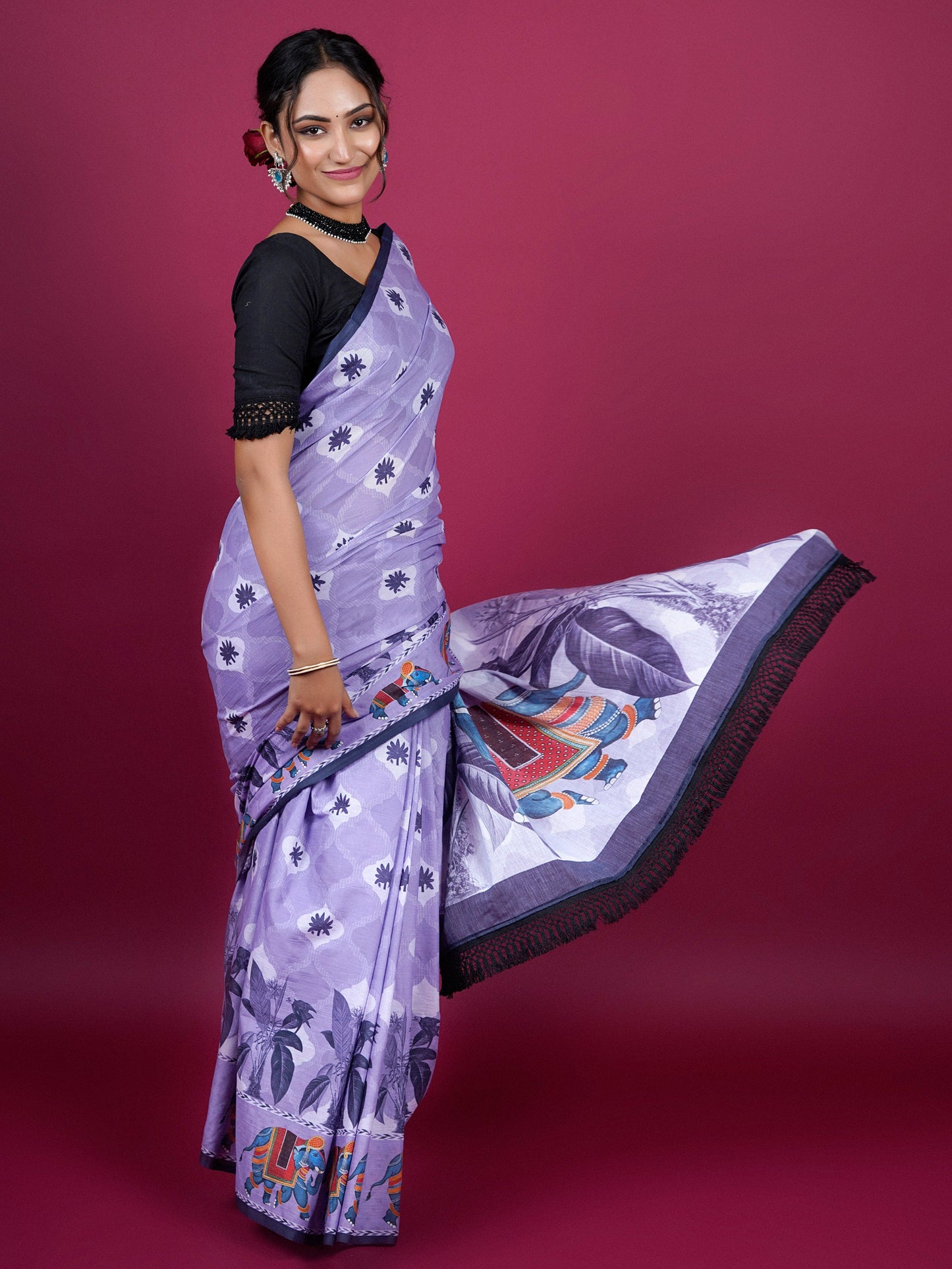 Buta Buti Botanical Printed Cotton Saree With Tassels Embellishment