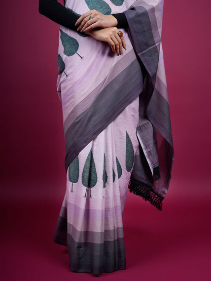 Buta Buti Botanical Printed Cotton Saree With Tassels Embellishment