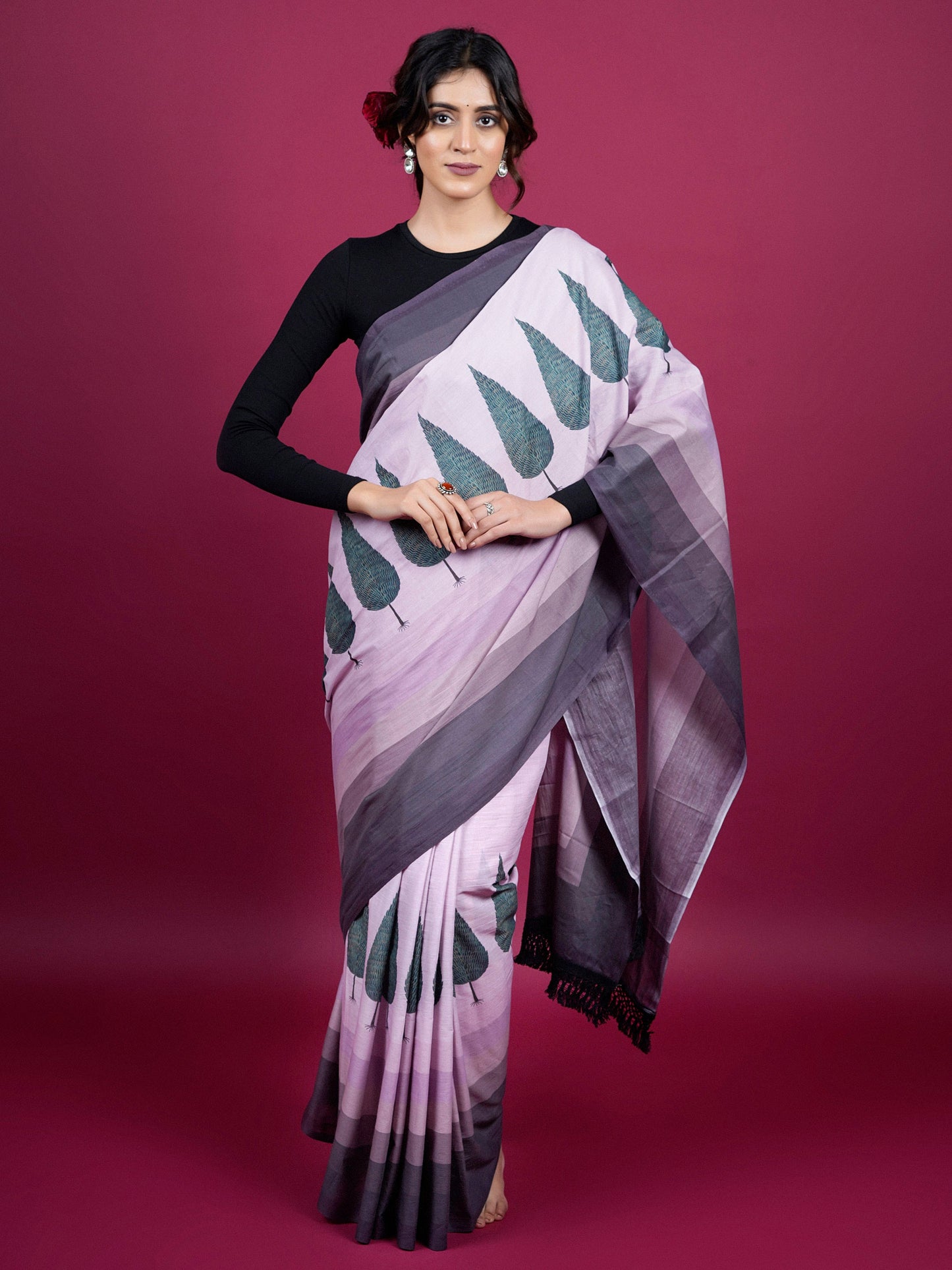 Buta Buti Botanical Printed Cotton Saree With Tassels Embellishment