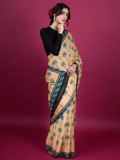 Buta Buti Botanical Printed Cotton Saree With Tassels Embellishment