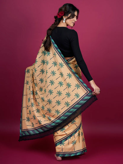 Buta Buti Botanical Printed Cotton Saree With Tassels Embellishment