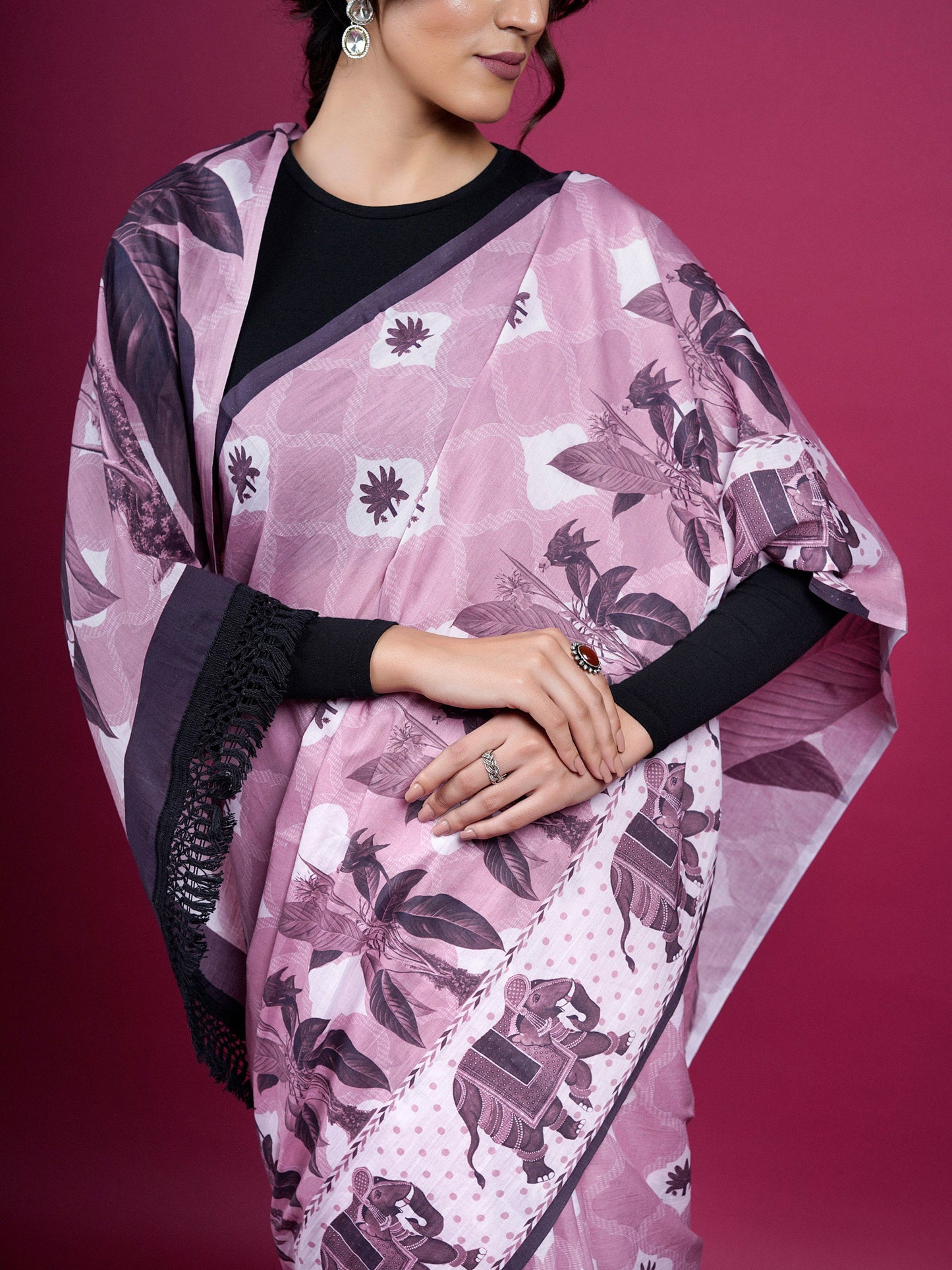 Buta Buti Botanical Printed Cotton Saree With Tassels Embellishment