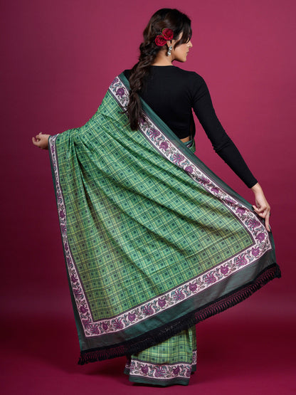 Buta Buti Checked and Chintz Printed Cotton Saree With Tassels Embellishment