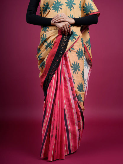 Buta Buti Botanical Floral Printed Cotton Saree With Tassels Embellishment