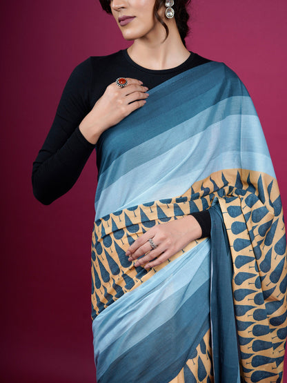 Buta Buti Botanical Printed Cotton Saree With Tassels Embellishment