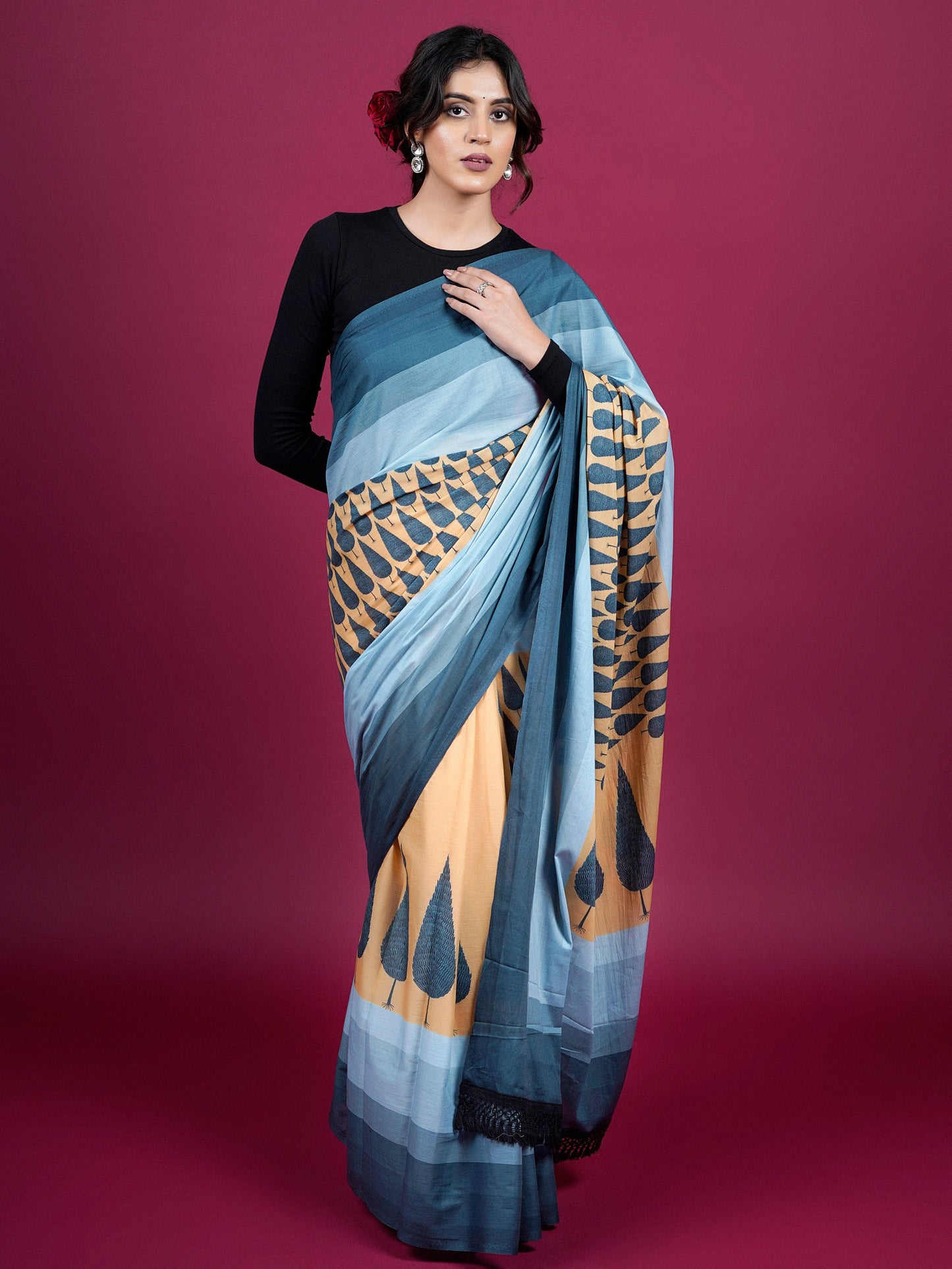 Buta Buti Botanical Printed Cotton Saree With Tassels Embellishment