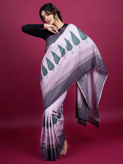 Buta Buti Botanical Printed Cotton Saree With Tassels Embellishment