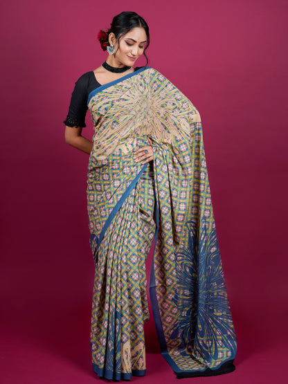 Buta Buti Checked and Floral Printed Cotton Saree With Tassels Embellishment