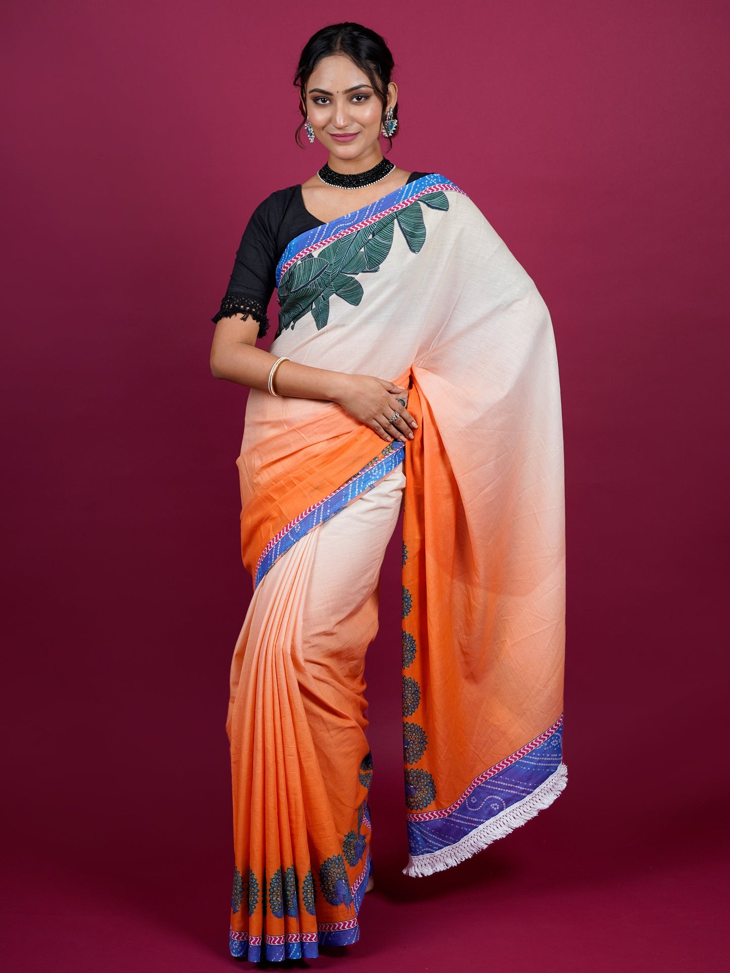 Buta Buti Botanical and Gradient Printed Cotton Saree With Tassels Embellishment