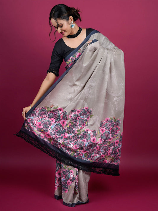 Buta Buti Floral Printed Cotton Saree With Tassels Embellishment