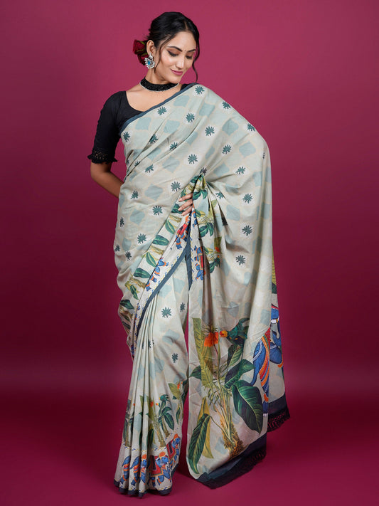 Buta Buti Botanical Printed Cotton Saree With Tassels Embellishment