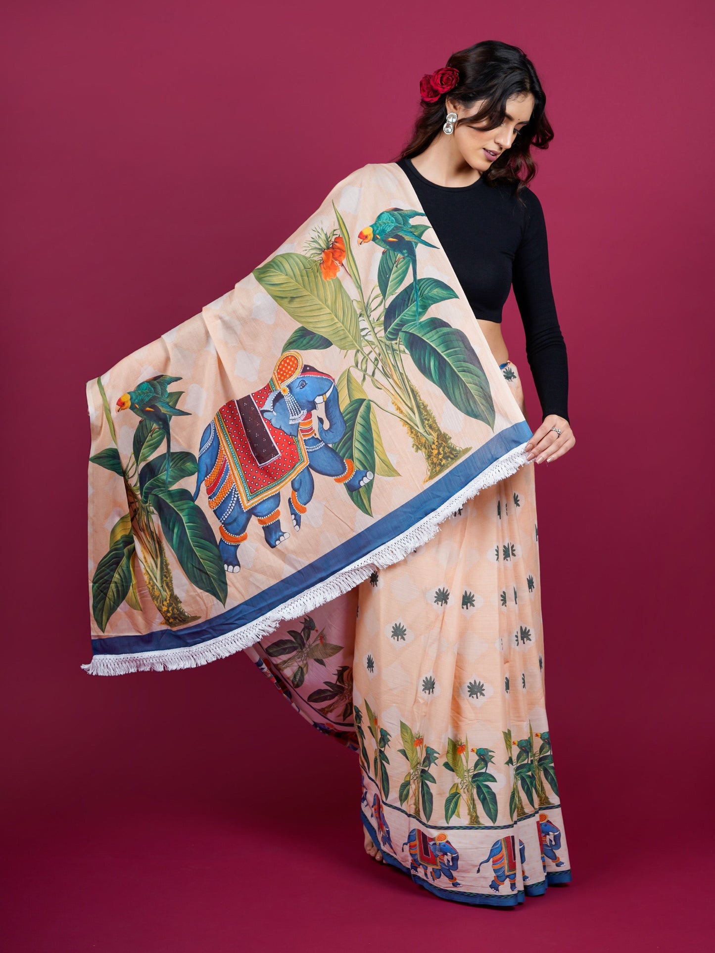 Buta Buti Botanical Printed Cotton Saree With Tassels Embellishment