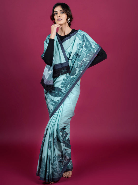 Buta Buti Botanical Printed Cotton Saree With Tassels Embellishment