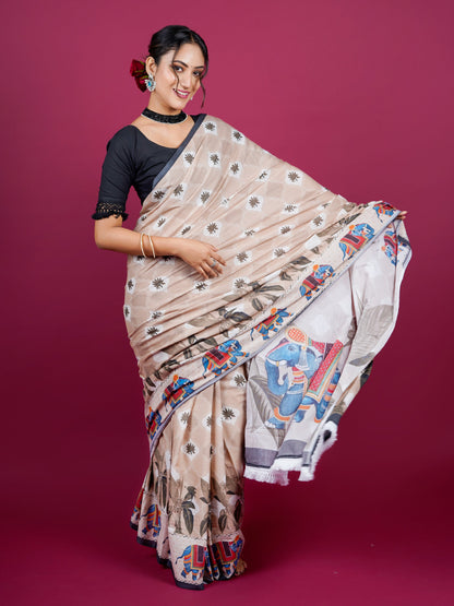 Buta Buti Botanical Printed Cotton Saree With Tassels Embellishment