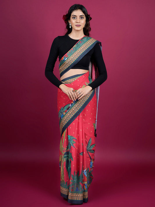 Buta Buti Botanical Printed Cotton Saree With Tassels Embellishment