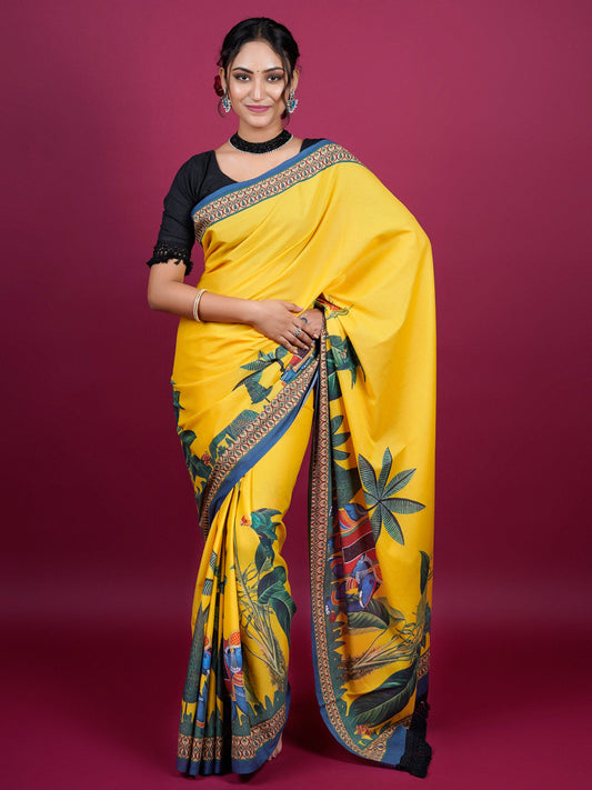 Buta Buti Botanical Printed Cotton Saree With Tassels Embellishment