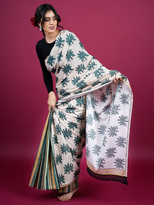 Buta Buti Botanical Printed Cotton Saree With Tassels Embellishment