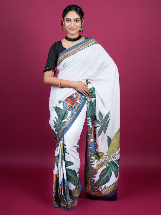 Buta Buti Botanical Printed Cotton Saree With Tassels Embellishment