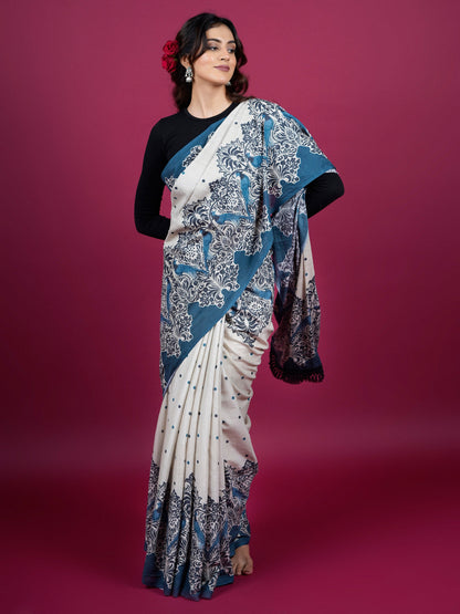 Buta Buti Ethnic Printed Cotton Saree With Tassels Embellishment