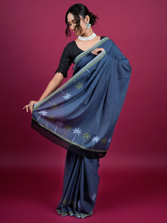 Buta Buti Botanical Printed Cotton Saree With Tassels Embellishment