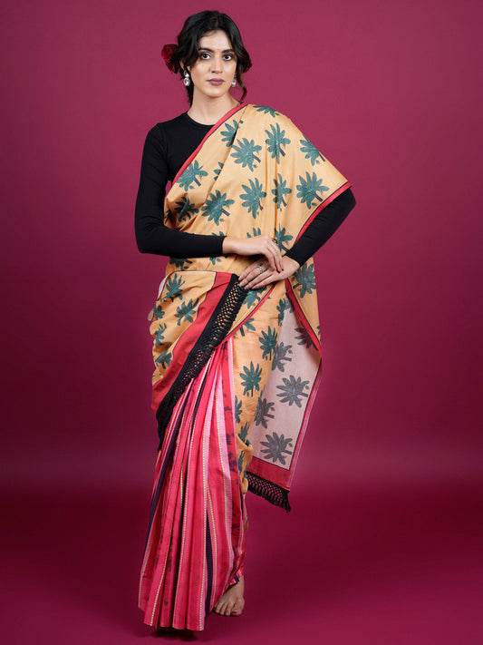 Buta Buti Botanical Floral Printed Cotton Saree With Tassels Embellishment