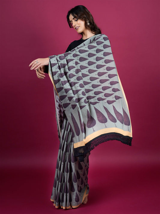 Buta Buti Botanical Printed Cotton Saree With Tassels Embellishment