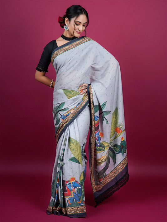 Buta Buti Botanical Printed Cotton Saree With Tassels Embellishment