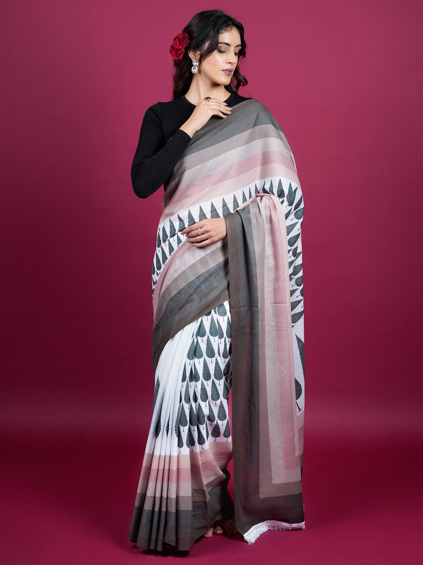 Buta Buti Botanical Printed Cotton Saree With Tassels Embellishment