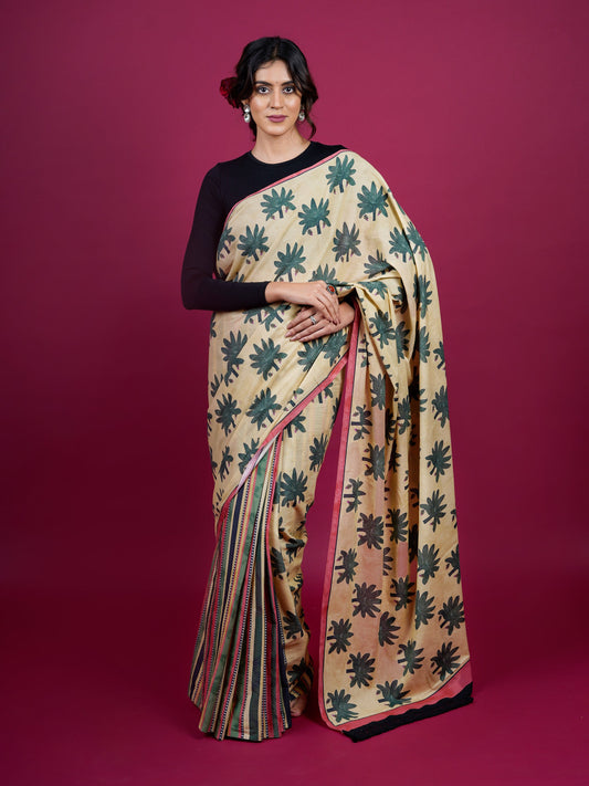 Buta Buti Botanical Printed Cotton Saree With Tassels Embellishment